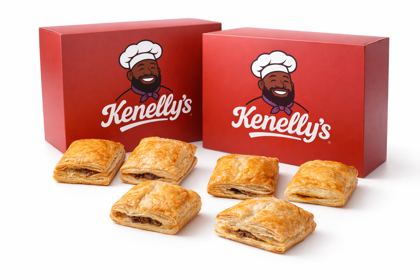Red boxes with 'Kenelly's' logo and pastry items on a white background