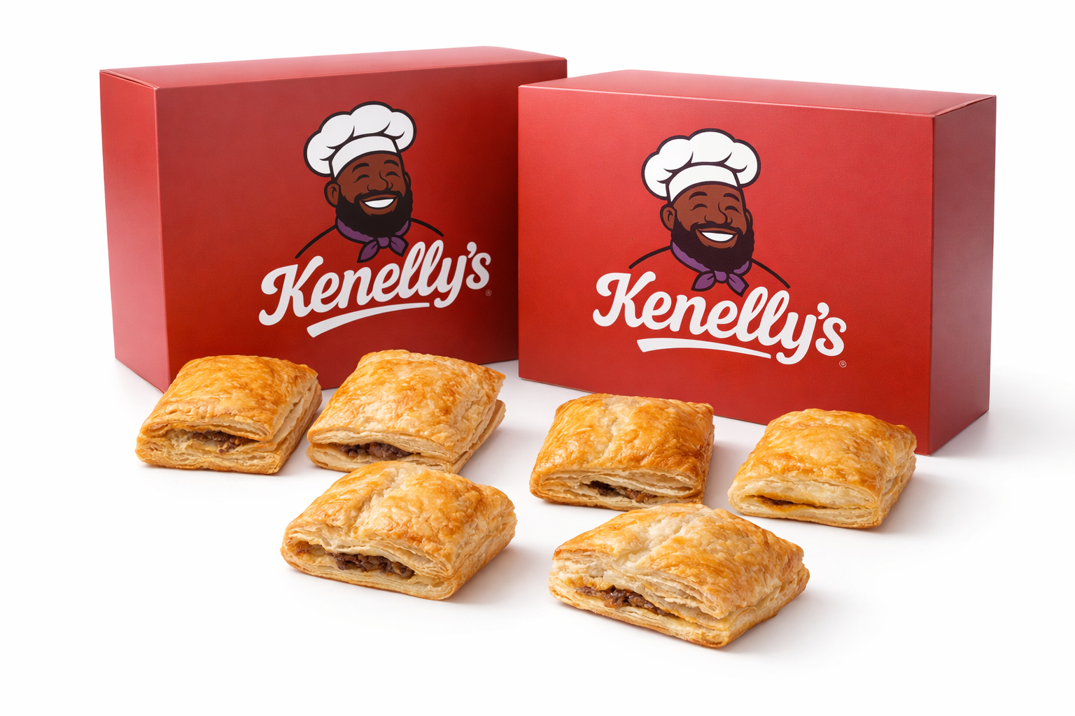 Red boxes with 'Kenelly's' logo and pastry items on a white background