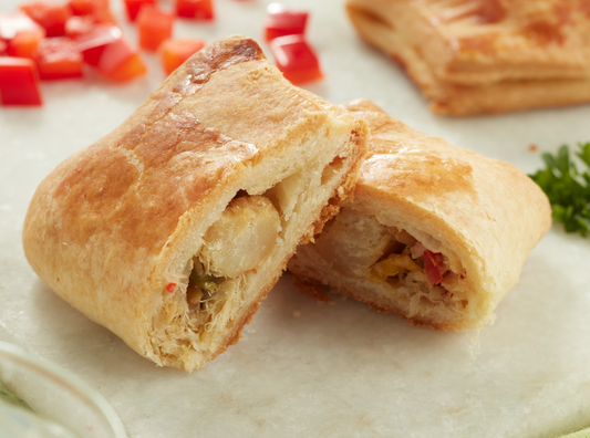 Sauteed codfish with peppers wrapped in a buttery golden puff pastry on a marble table. 